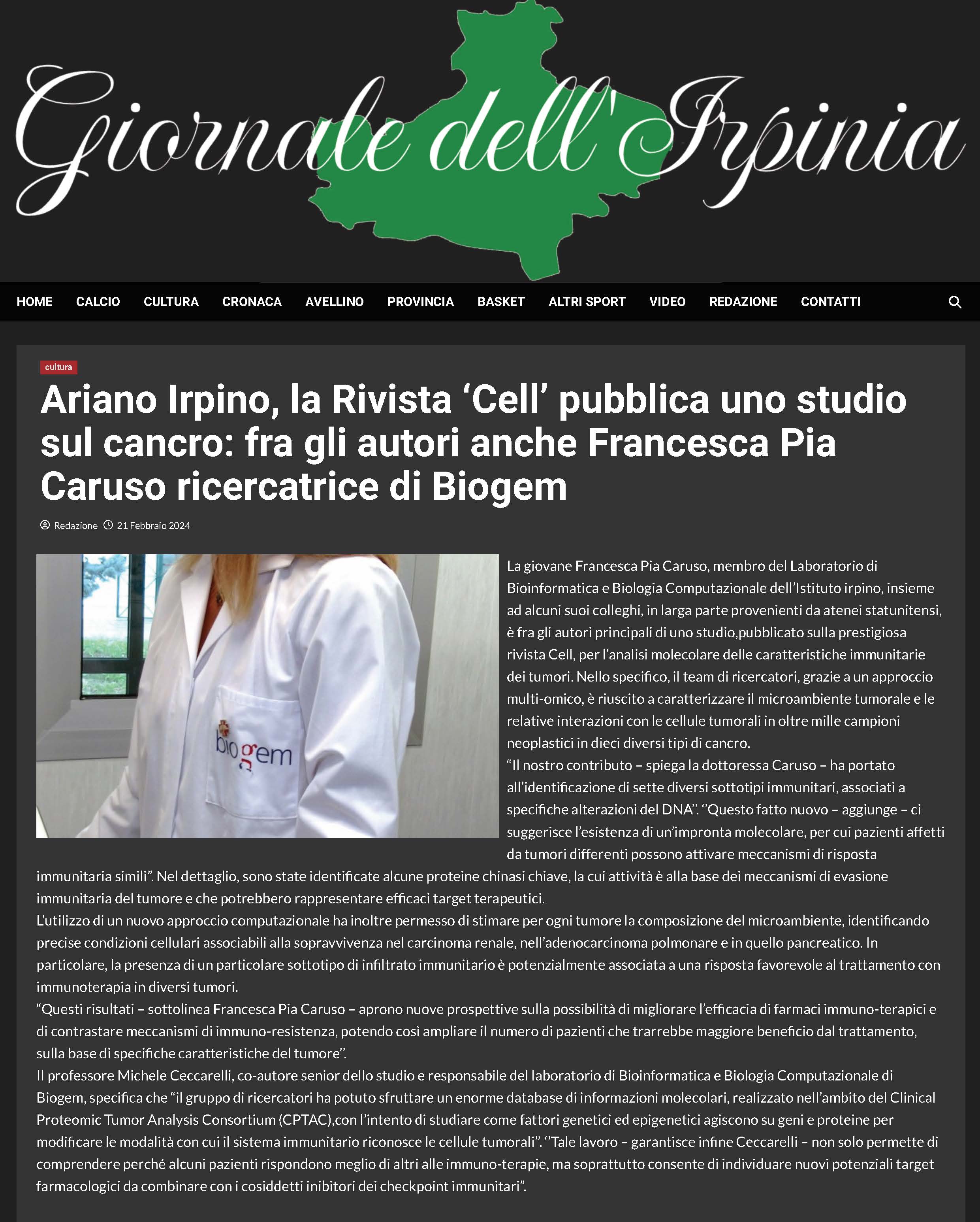 Ariano Irpino, la Rivista ‘Cell’ pubblica uno studio sul cancro: fra gli autori anche Francesca Pia Caruso ricercatrice di Biogem
